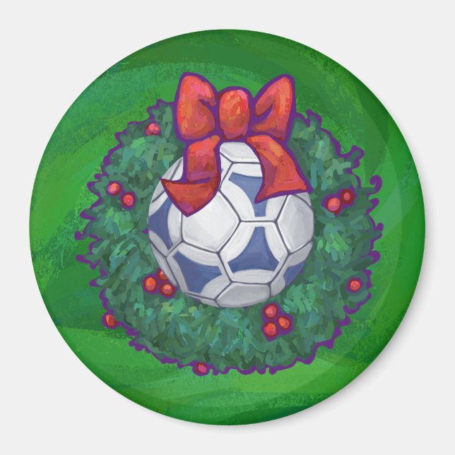 Aimant Bal de soccer blanc et bleu sur vert (Devant)