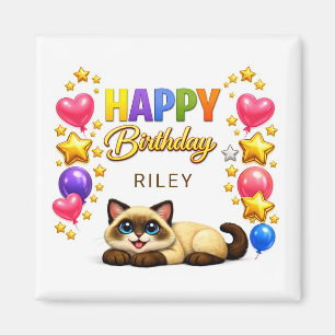 Aimant Ballons et Étoiles de Chat Siamois Joyeux Annivers