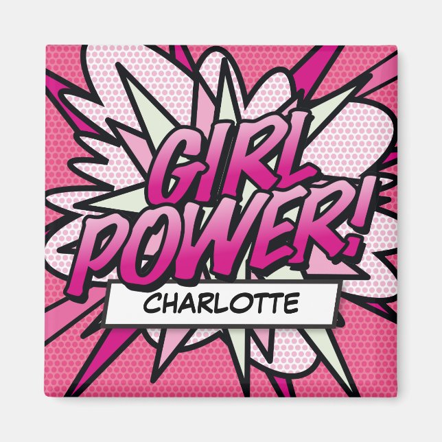 Aimant Bande dessinée rose GIRL POWER personnalisée (Devant)