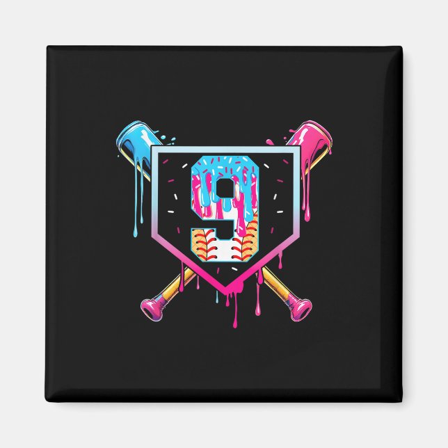 Aimant Baseball 9 Year Old Ice Cream Drip 9th Birthday Bo (Devant)