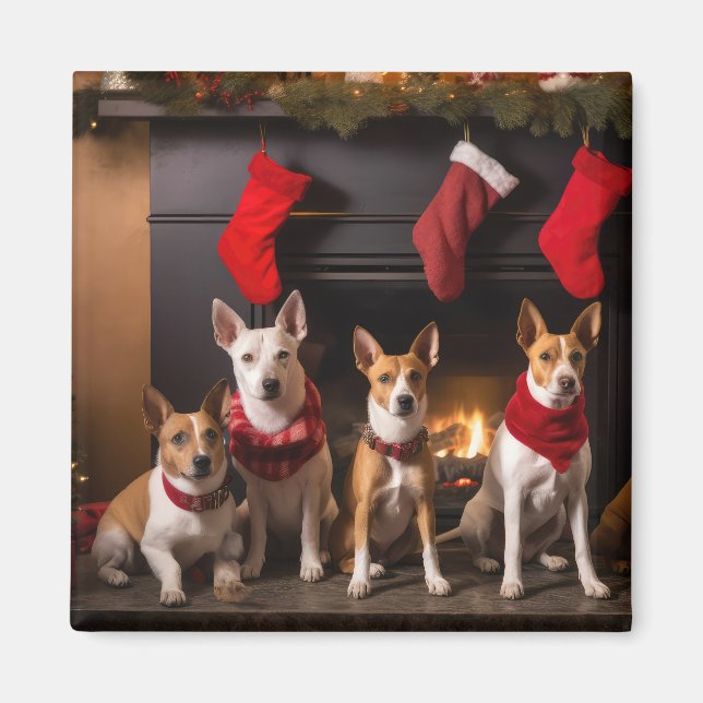 Aimant Basenji au coin du feu Noël (Devant)