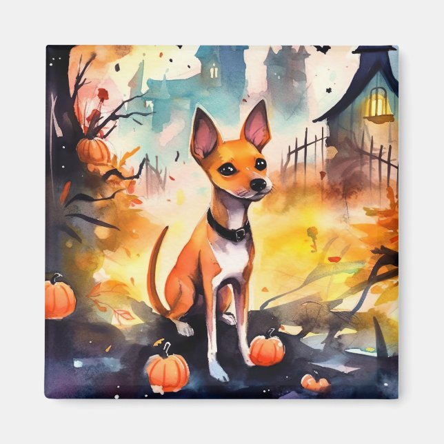 Aimant Basenji D'Halloween Avec Peur Citrouille (Devant)