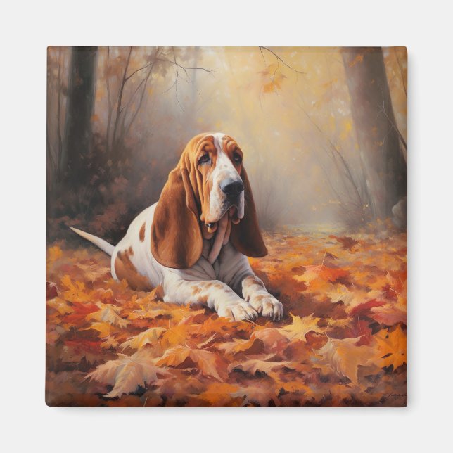 Aimant Basset Hound à l'automne Leaves automne Inspire (Devant)