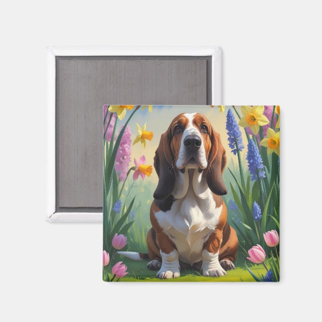 Aimant Basset Hound Chien Fleurs de printemps Peinture (Recto/Verso)