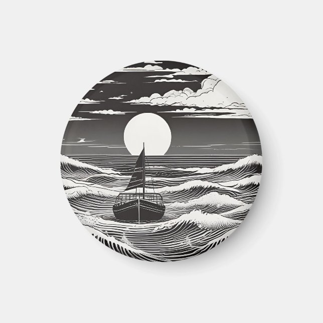 Aimant Bateau solitaire noir et blanc sur l'océan (Devant)
