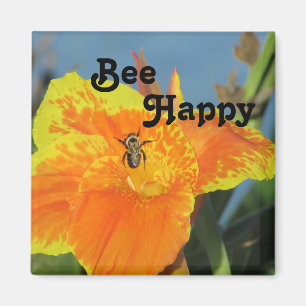 Aimant Be Happy Bee Pun Bright Orange Flower Photo Floral