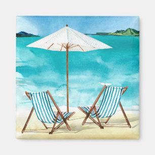 Aimant Beach Scene avec deux transats et parasol