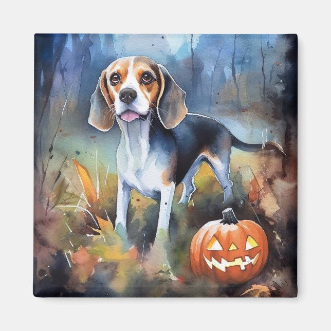 Aimant Beagle d'Halloween avec peur Citrouille (Devant)