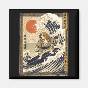 Aimant Beagle japonais surf kanagawa vague drôle samouraï