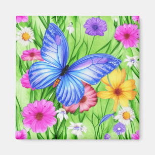 Aimant Beau Papillon Bleu avec fleurs Aquarelle