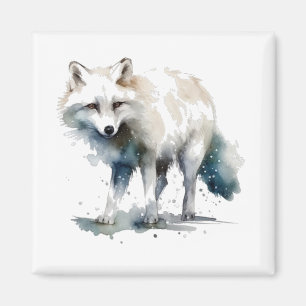 Aimant Beau renard polaire en aquarelle blanche et bleue