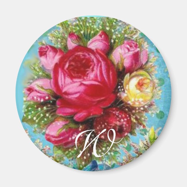 Aimant BEAU ROSE ROSE ROSE ET FLEURS BLEUES Monogramme (Devant)