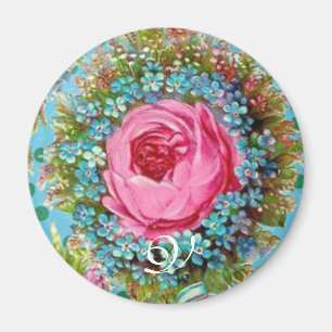 Aimant BEAU ROSE ROSE ROSE ET FLEURS BLEUES Monogramme