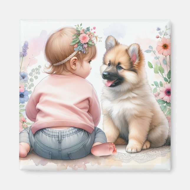 Aimant Bébé fille et Baby shower rose chiot (Devant)