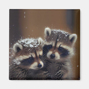Aimant Bébé Raccoons se blottit dans la neige tombante