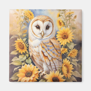 Aimant Belle Chouette Et Fleurs De Soleil