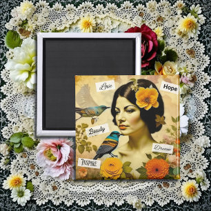 Aimant Belle femme Vintage aux oiseaux et aux fleurs