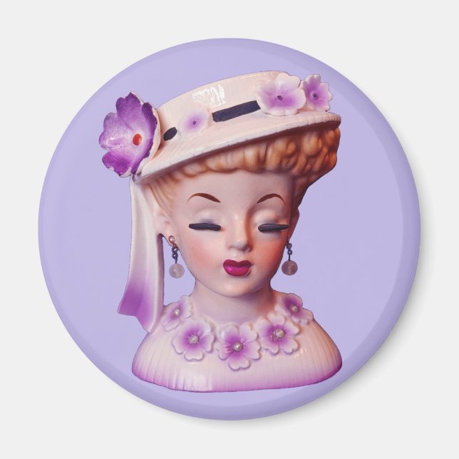 Aimant Belle Lady Head Vase Purple Flowers 1960 Poupée  (Devant)