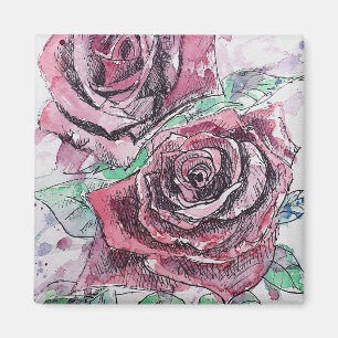 Aimant Belle peinture à l'aquarelle rouge Rose