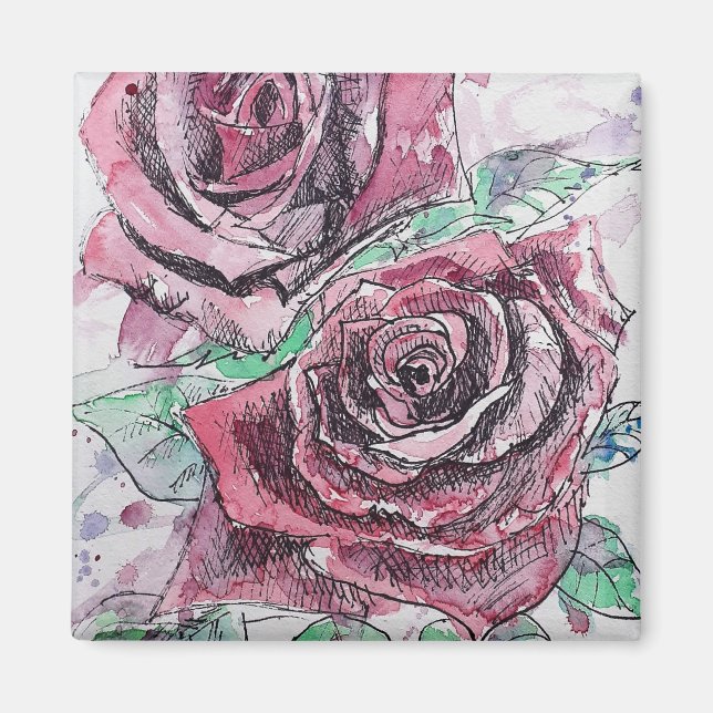 Aimant Belle peinture à l'aquarelle rouge Rose (Devant)