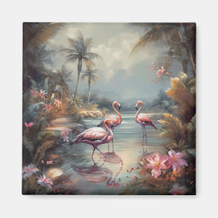 Aimant belle peinture vintage flamants roses