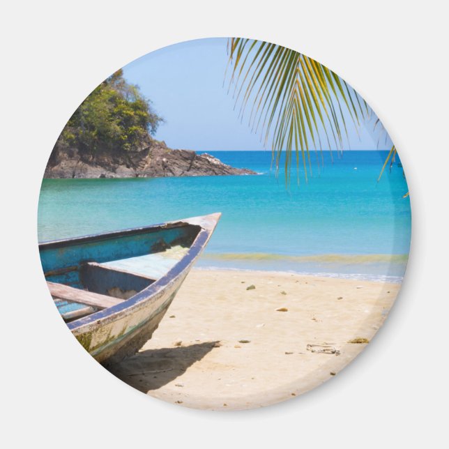 Aimant Belle plage tropicale avec bateau à rames (Devant)