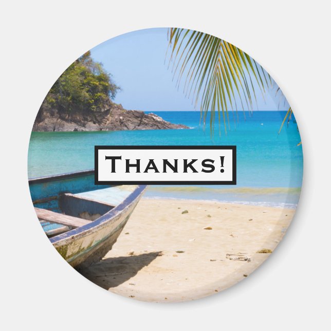 Aimant Belle plage tropicale avec un Merci en bateau à mo (Devant)
