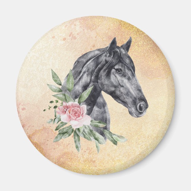 Aimant Belle tête de cheval noir Portrait d'aquarelle (Devant)