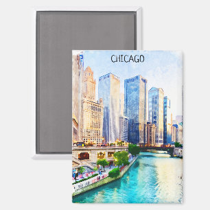 Aimant Belle vue ville de Chicago Illinois Watercolor