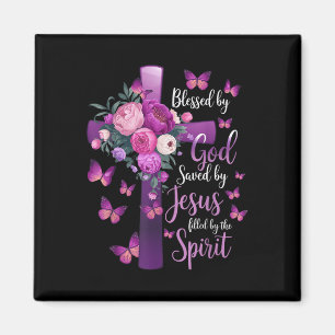 Aimant Béni Par Dieu Sauvé Par Jésus Croix Florale Violet