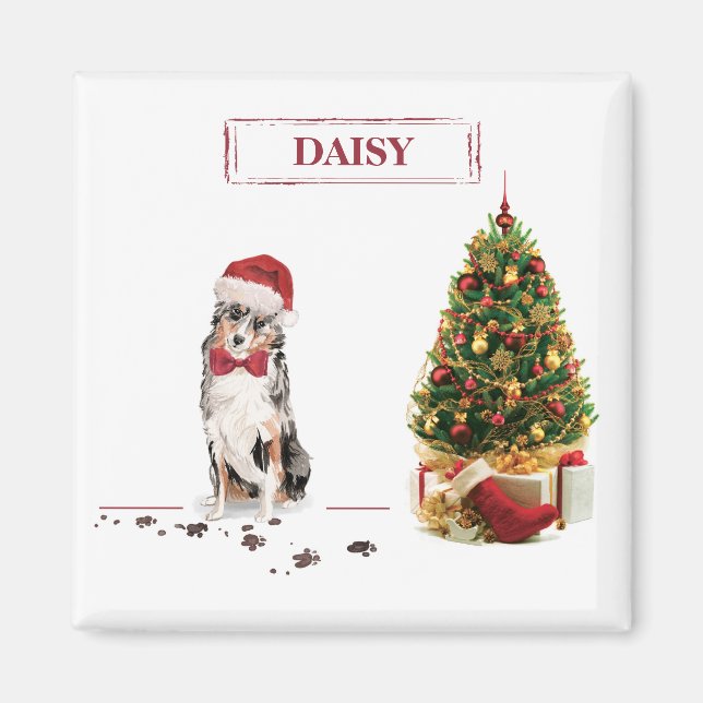 Aimant Berger australien Chien de Noël drôle avec arbre (Devant)