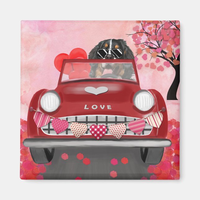 Aimant Bernois Mountain Driving Car avec Coeurs Valentine (Devant)