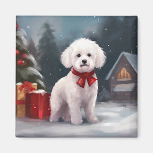 Aimant Bichon Frise chien dans la neige Noël