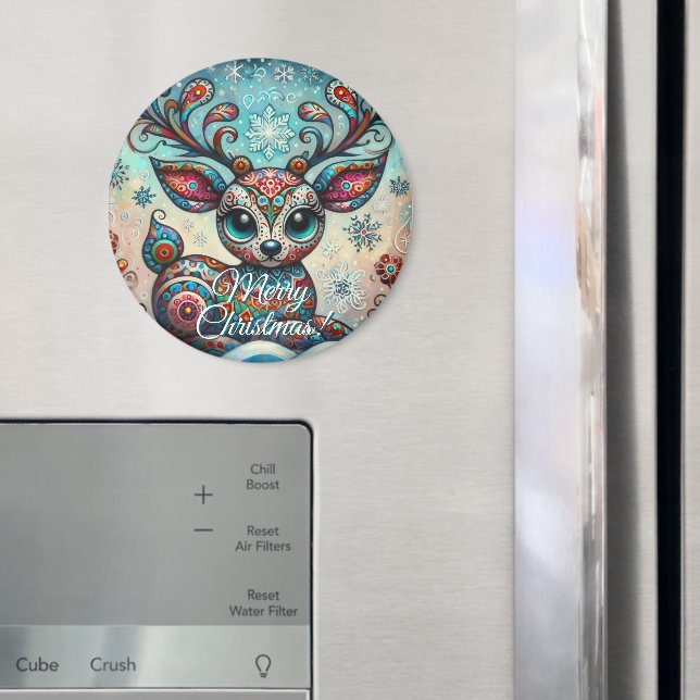 Aimant Big Eye Christmas Reindeer Folk Art Personalized (In situ (réfrigérateur))