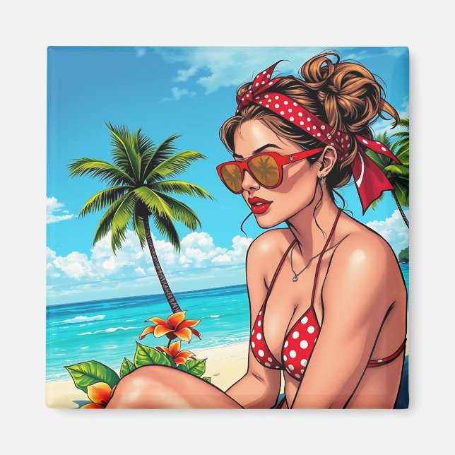 Aimant Bikini rouge, lunettes de soleil et femme de Banda (Devant)