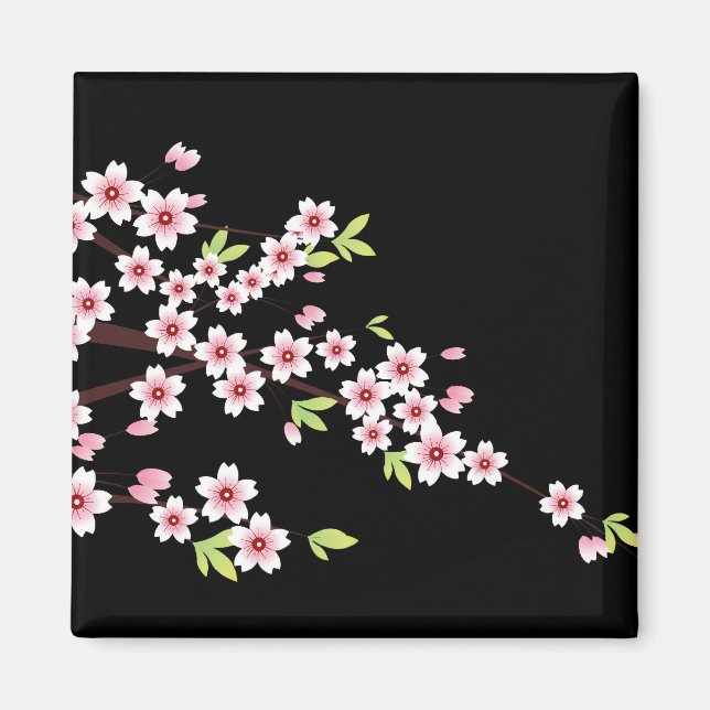 Aimant Black avec rose et vert cerisier en fleurs Sakura (Devant)