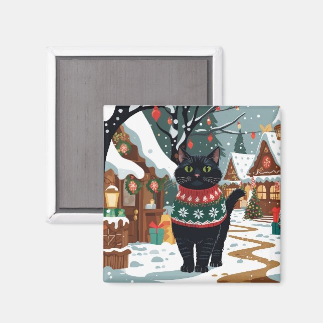 Aimant Black Cat Christmas Snow Holiday (Recto/Verso)