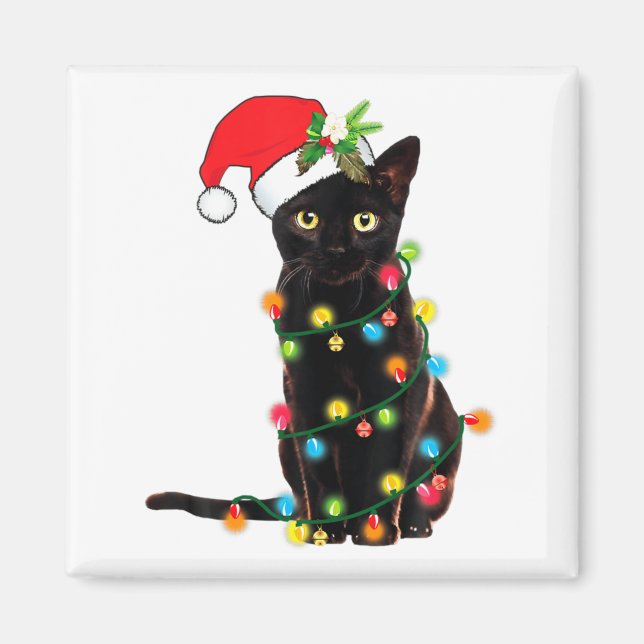 Aimant Black Cat Santa Tangled Up In Christmas Lights  (Devant)