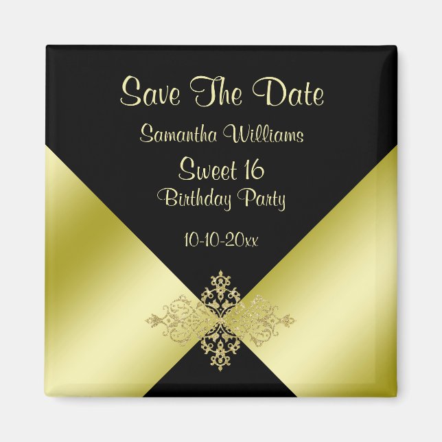 Aimant Black & Gold Elegance Sweet 16 Enregistrer La Date (Devant)