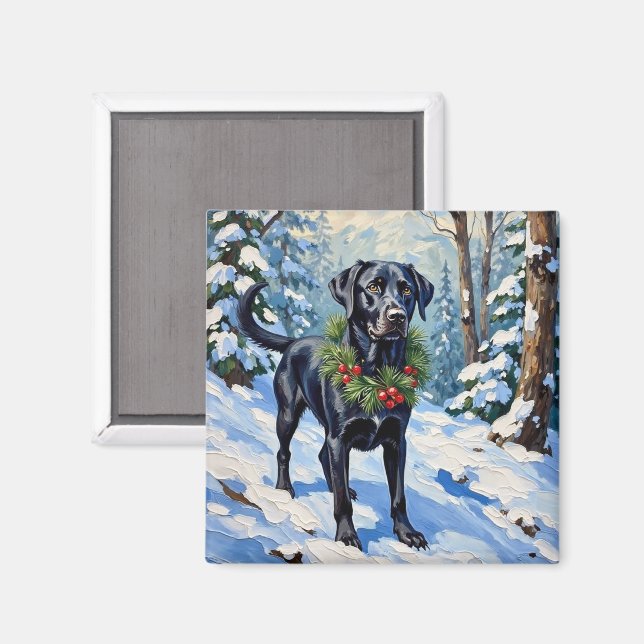 Aimant Black Lab Serene Winter Forest Christmas Holiday (Recto/Verso)