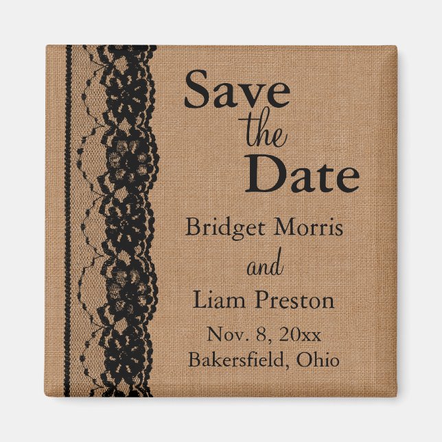 Aimant Black Lace & Burlap Enregistrer la date (Devant)