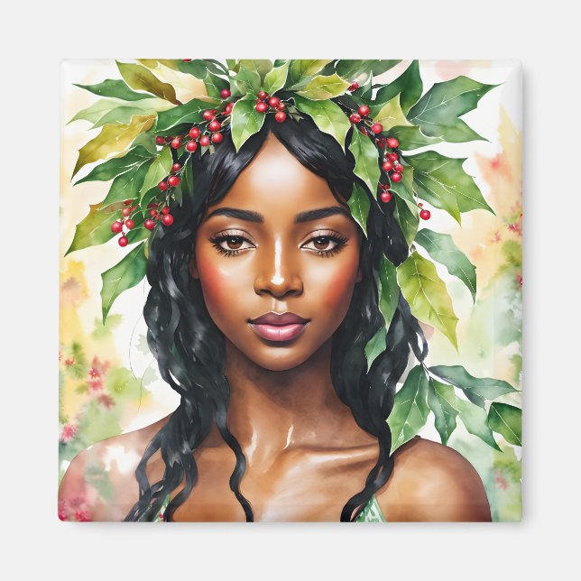 Aimant Black Woman Christmas Holly Aquarelle Art (Devant)