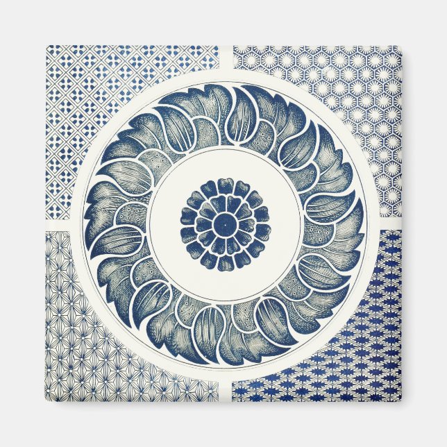 Aimant Blanc bleu Floral chinois rond (Devant)