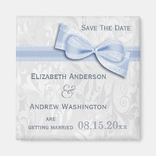Aimant Blanc Damassé et Nœud Faux Bleu Save The Date
