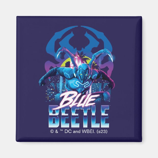 Aimant Bleu Beetle Rétrowave Ville coucher du soleil (Devant)