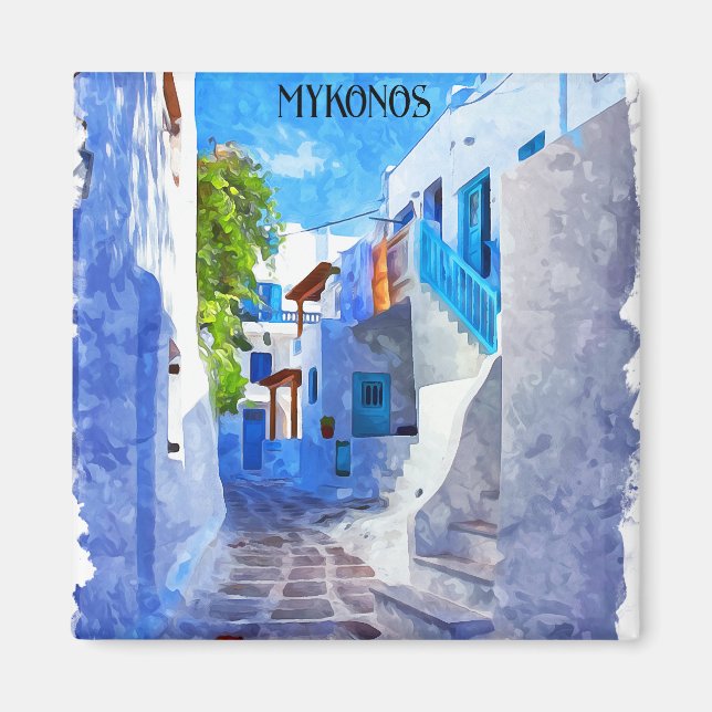 Aimant Bleu blanc élégant Mykonos Grèce Aquarelle (Devant)