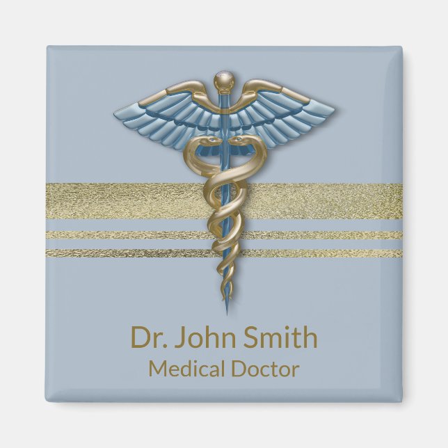 Aimant Bleu clair Faux Gold Foil rayures Médicale Caduceu (Devant)
