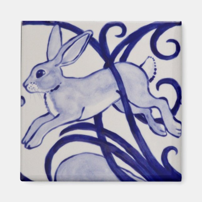 Aimant Bleu et blanc lièvre carreaux Art déco (Devant)