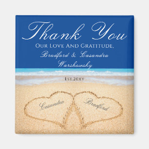 Aimant Bleu foncé Plage Mariage 2 Coeurs dans le sable