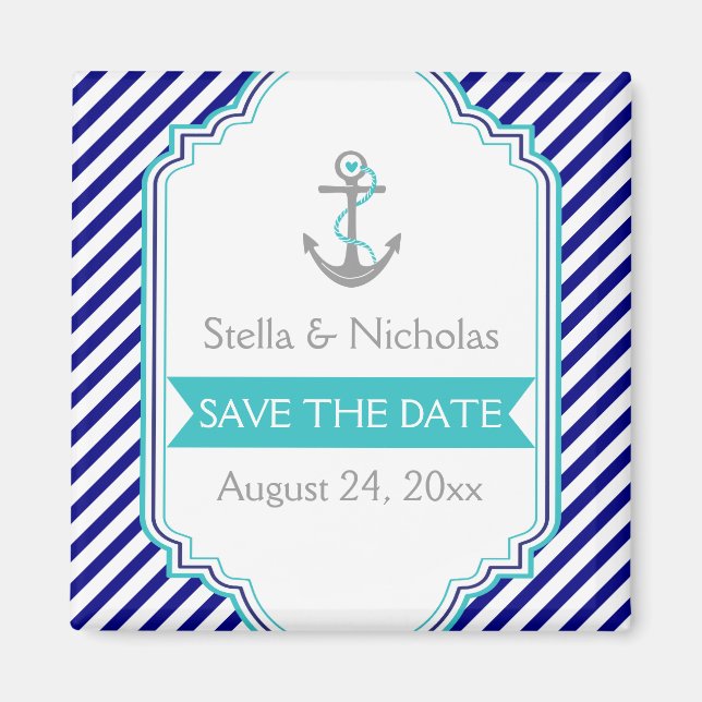 Aimant Bleu marine, faire-part de mariage nautique aqua " (Devant)